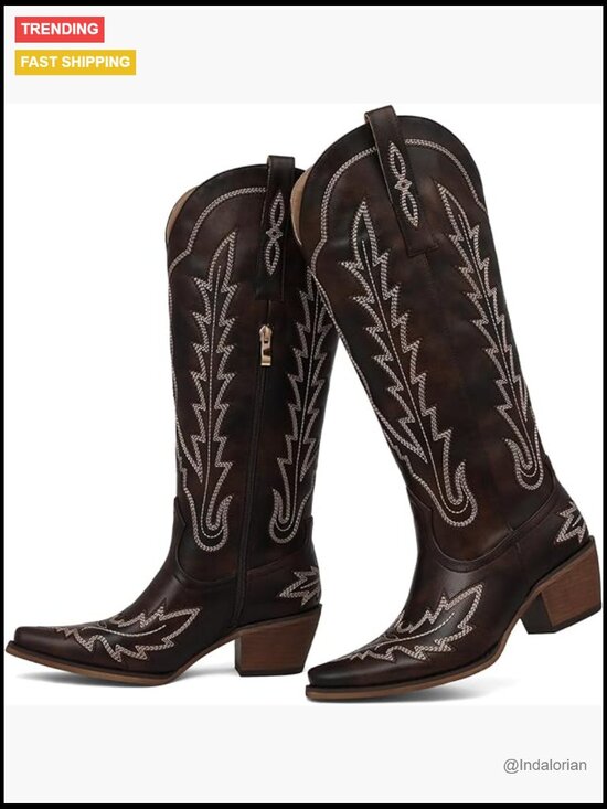 Shoes - Vintage Cowboy Boots - Pointed Toe Chunky Heel Faux Leather & Suede Knee High